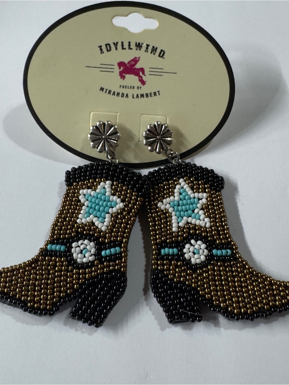 Idyllwind Gold, Black, Turquoise Star Beaded Cowboy Boot Earrings
